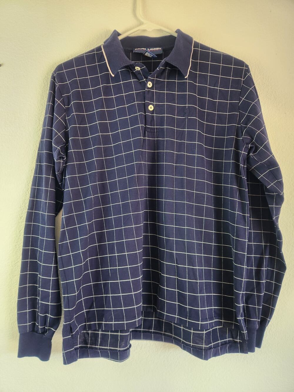 Vintage Ralph Lauren Polo Shirt Blue Checkered Women Medium Long Sleeve